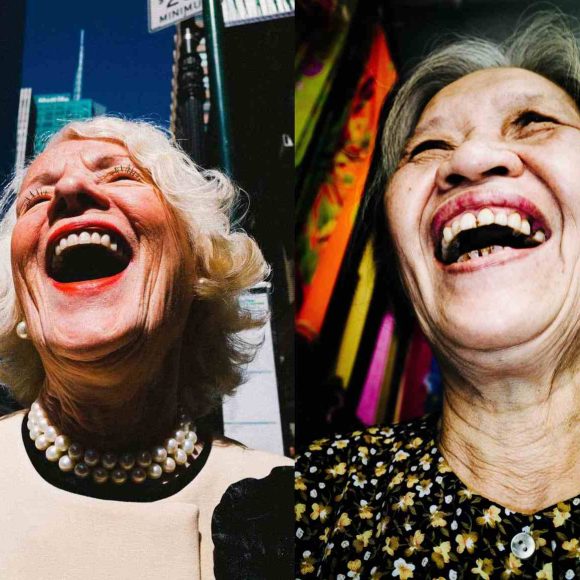 Two elderly women, each laughing joyfully, are pictured side by side in brightly colored settings.