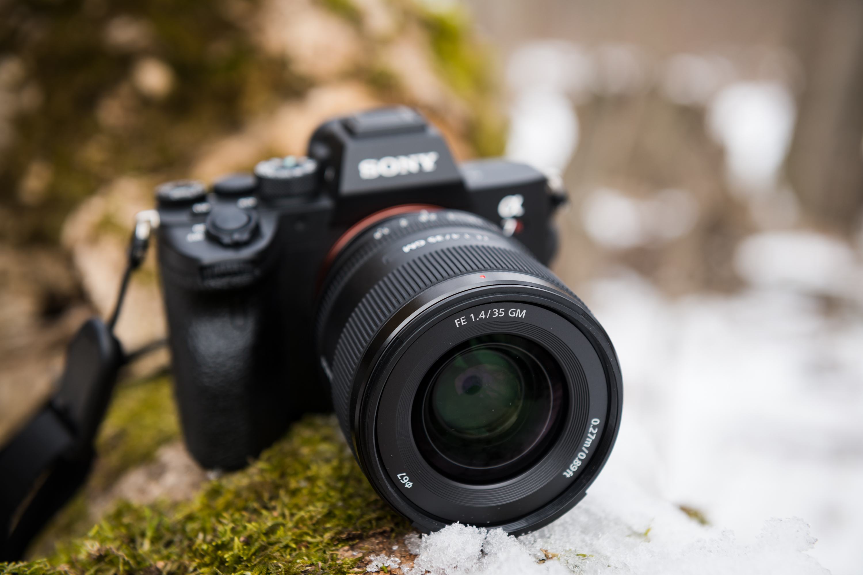 A Sony camera with a large lens rests on mossy ground with some snow in the background.