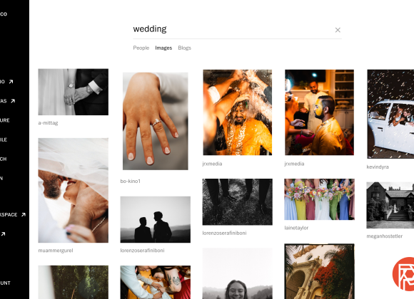 A grid of wedding-themed photos, including couples, rings, celebrations, and group portraits.