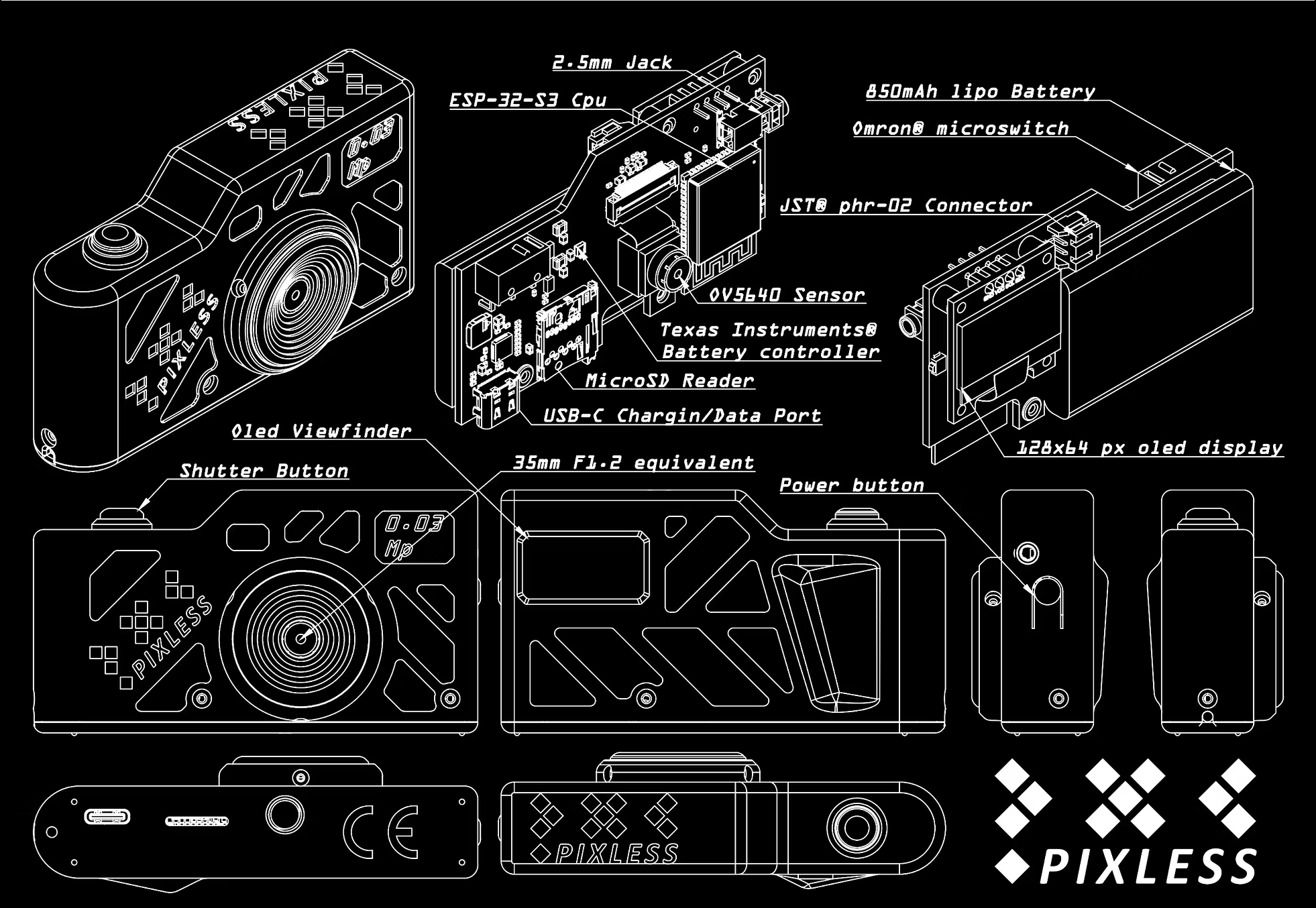 Technical blueprint of a compact camera with labeled components and the PIXLESS logo at the bottom right.