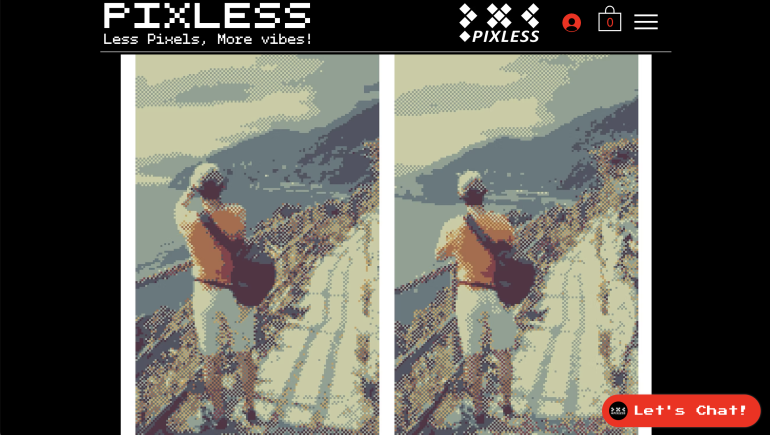 Two pixelated images of a person on a mountain path, holding a camera, with a lake and mountains in the background.