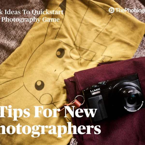 A camera rests on a Pikachu t-shirt with text overlay: 7 Tips For New Photographers.