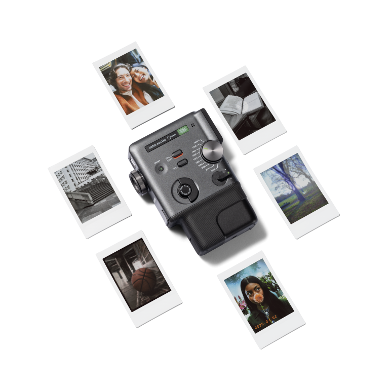 A vintage camera surrounded by six instant photos on a white background.