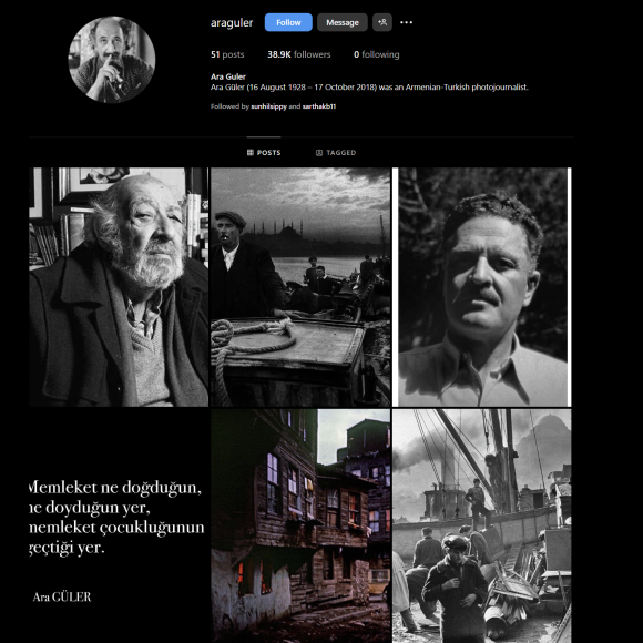 Screenshot of Ara Guler's Instagram page