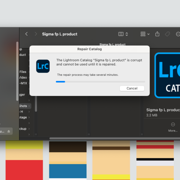 A Lightroom repair dialog saying the catalog is corrupt and must be repaired, with a Cancel button visible.