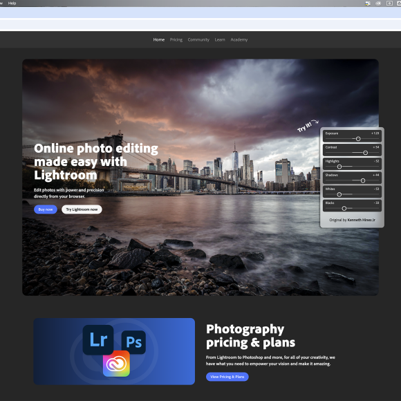 Lightroom website homepage showing a cityscape photo and online photo editing tools, with menu and pricing info.