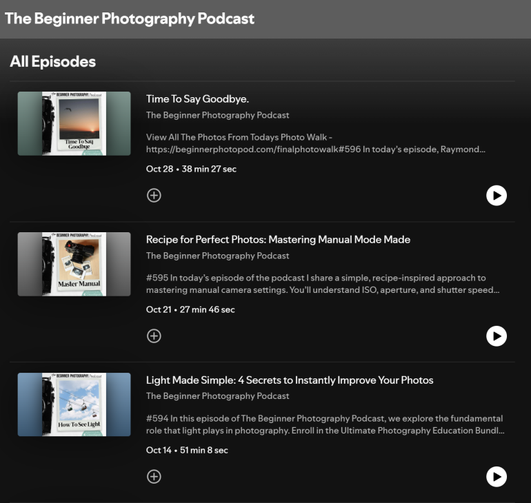 Podcast episode list with titles, dates, durations, and small cover images for The Beginner Photography Podcast.