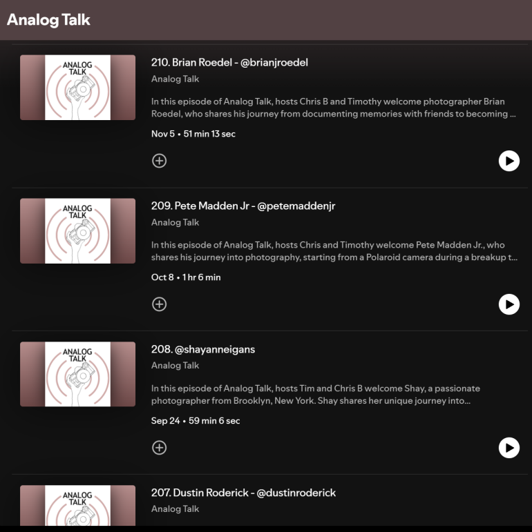 Spotify playlist for Analog Talk podcast, showing four episodes with guest names and play buttons displayed.