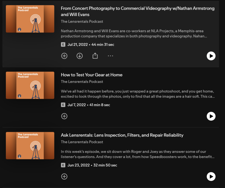 A podcast playlist showing three episodes of The Lensrentals Podcast with brief descriptions and play buttons.