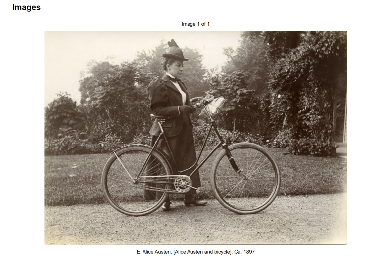 A woman in Victorian-era clothing stands outdoors beside a vintage bicycle, circa late 1800s.